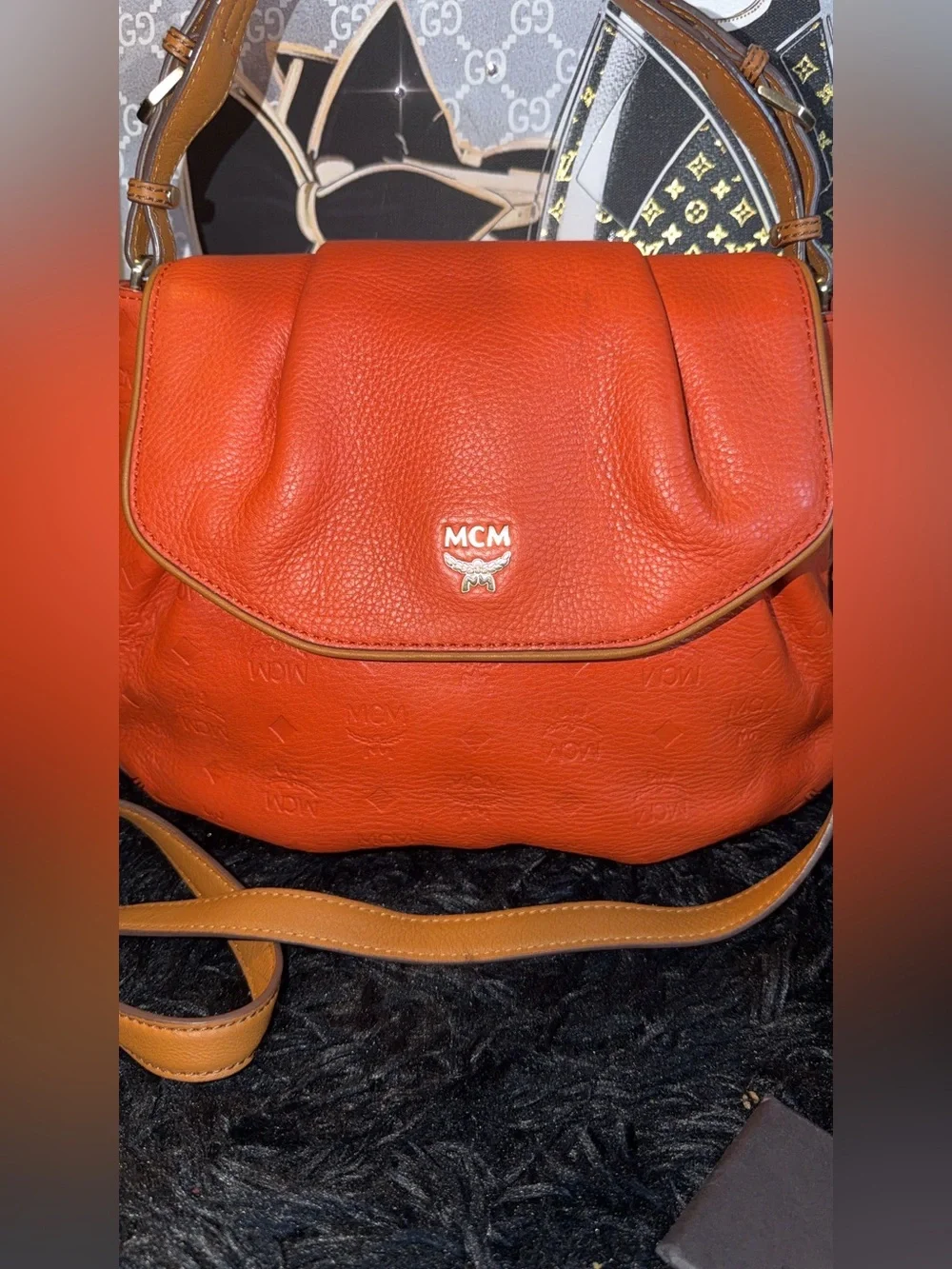 MCM Orange Pebbled Leather Shoulder Bag with Gold Logo